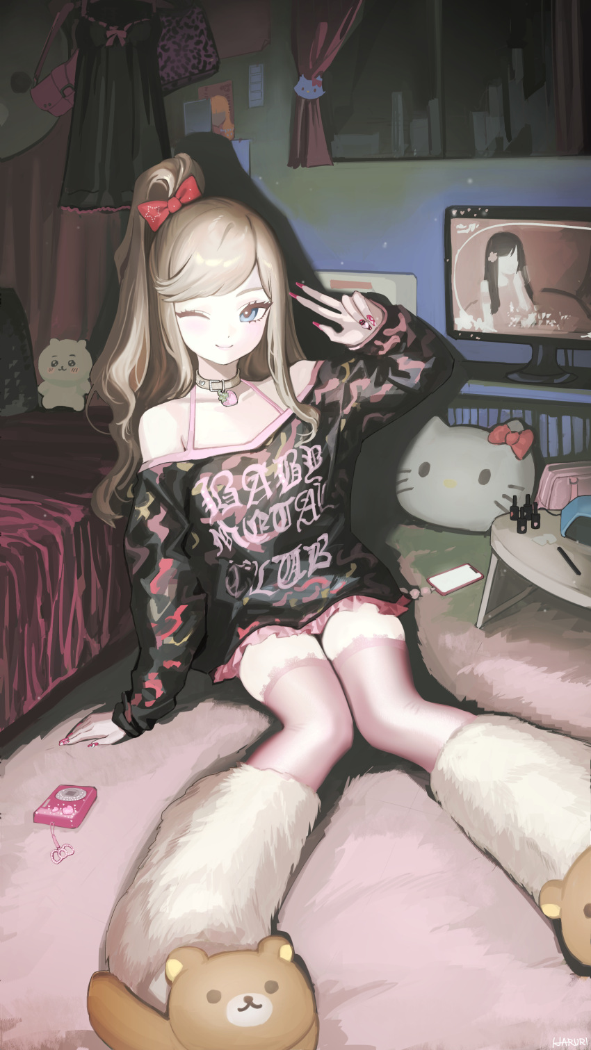 1girl, absurdres, animal_collar, bare_shoulders, bear_slippers, black_shirt, blonde_hair, blue_eyes