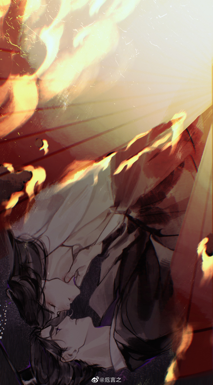 2boys, absurdres, beads, black_hair, black_hanfu, burning, chinese_clothes, chinese_commentary, chu_wanning, closed_eyes, closed_mouth, earrings, erha_he_tadebai_mao_shizun, fire, from_side, furrowed_brow, guan_hat, hand_on_another's_neck, hanfu, highres, jewelry, long_hair, long_sleeves, looking_at_another, male_focus, mian_guan, mo_ran, multiple_boys, oil-paper_umbrella, open_clothes, parted_lips, pectoral_cleavage, pectorals, stud_earrings, tears, umbrella, upper_body, upside-down, violet_eyes, watermark, weibo_watermark, white_hanfu, zhi_yan_zhi