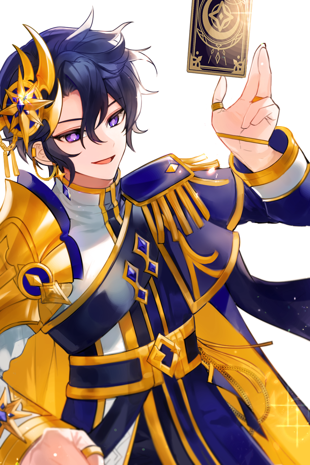 1boy, blue_hair, blue_jacket, card, celestia_(elsword), elsword, gold_trim, hair_ornament