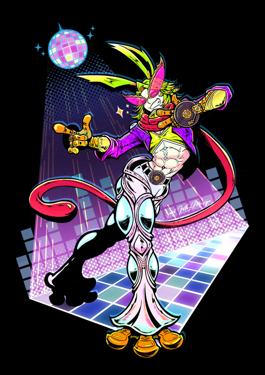1boy, abs, animal_ears, belt, black_belt, dancing_green, disco_ball, english_commentary