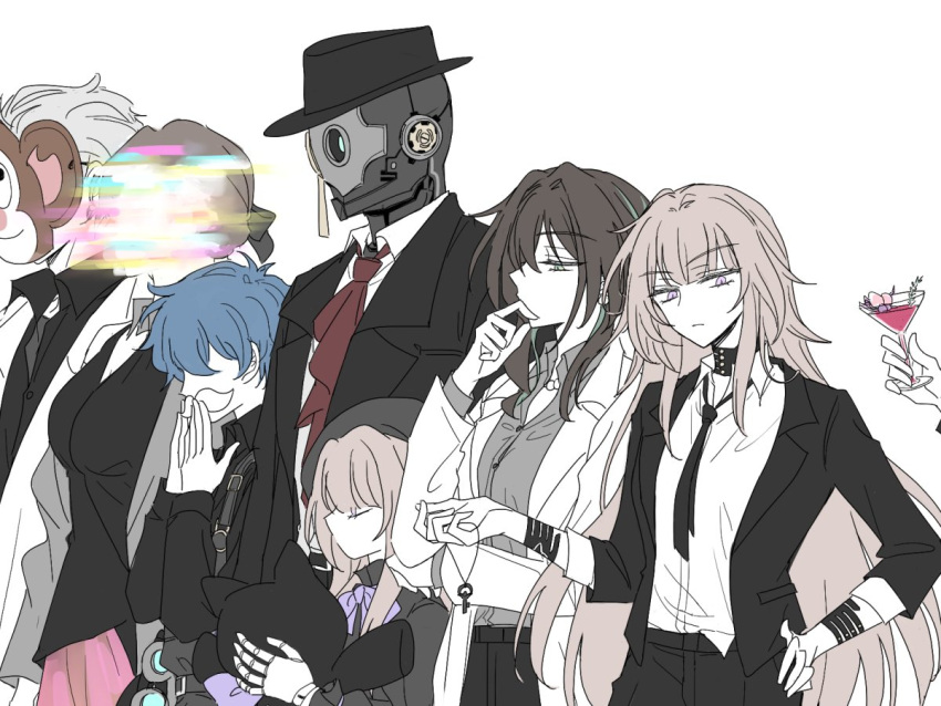 3boys, 4girls, black_choker, black_hair, black_hat, black_jacket, black_shirt, blue_hair, brown_hair, choker, collared_shirt, design_speculation, dr._primitive_(honkai:_star_rail), fake_facial_hair, fake_mustache, grey_eyes, grey_hair, grey_shirt, hat, herta_(honkai:_star_rail), honkai:_star_rail, honkai_(series), jacket, long_hair, long_sleeves, looking_at_viewer, multiple_boys, multiple_girls, polka_kakamond, robot, ruan_mei_(honkai:_star_rail), screwllum_(honkai:_star_rail), shirt, simple_background, stephen_lloyd_(honkai:_star_rail), suit_jacket, tecs117, the_herta_(honkai:_star_rail), upper_body, violet_eyes, white_background, white_jacket, white_shirt