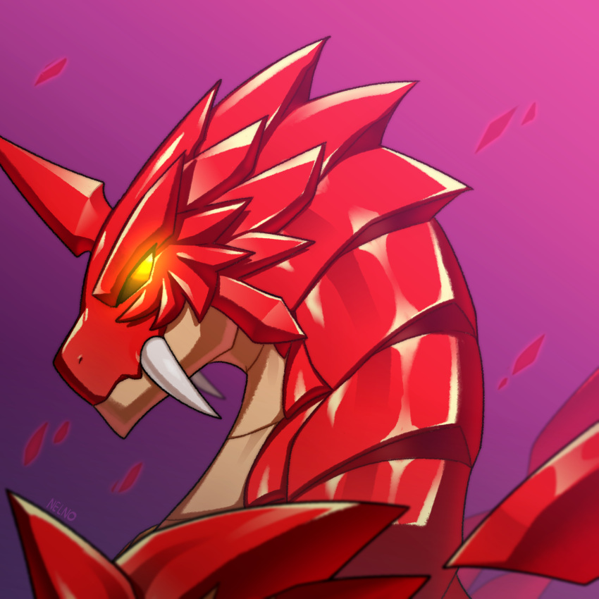 demonio_(dragon_village), dragon, dragon_village_(series), dragon_village_collection, glowing, glowing_eyes, gradient_background, highres, looking_at_viewer, looking_back, moonnelno, no_humans, purple_background, tusks, upper_body, yellow_eyes