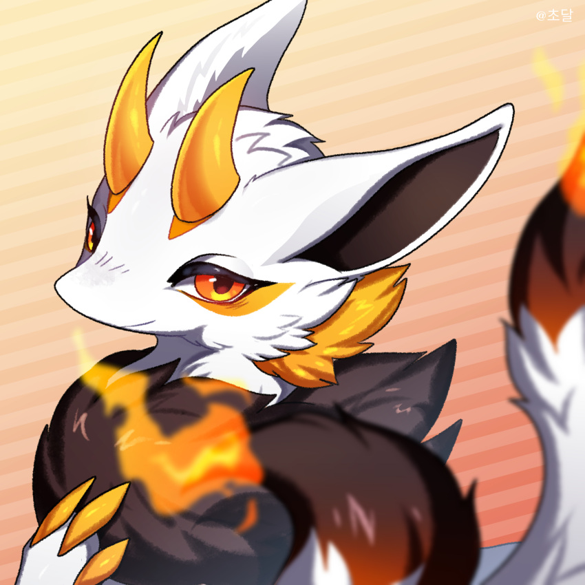 dragon_village_(series), dragon_village_collection, fire, firetail_(dragon_village), flame-tipped_tail, hand_on_own_chest, highres, horns