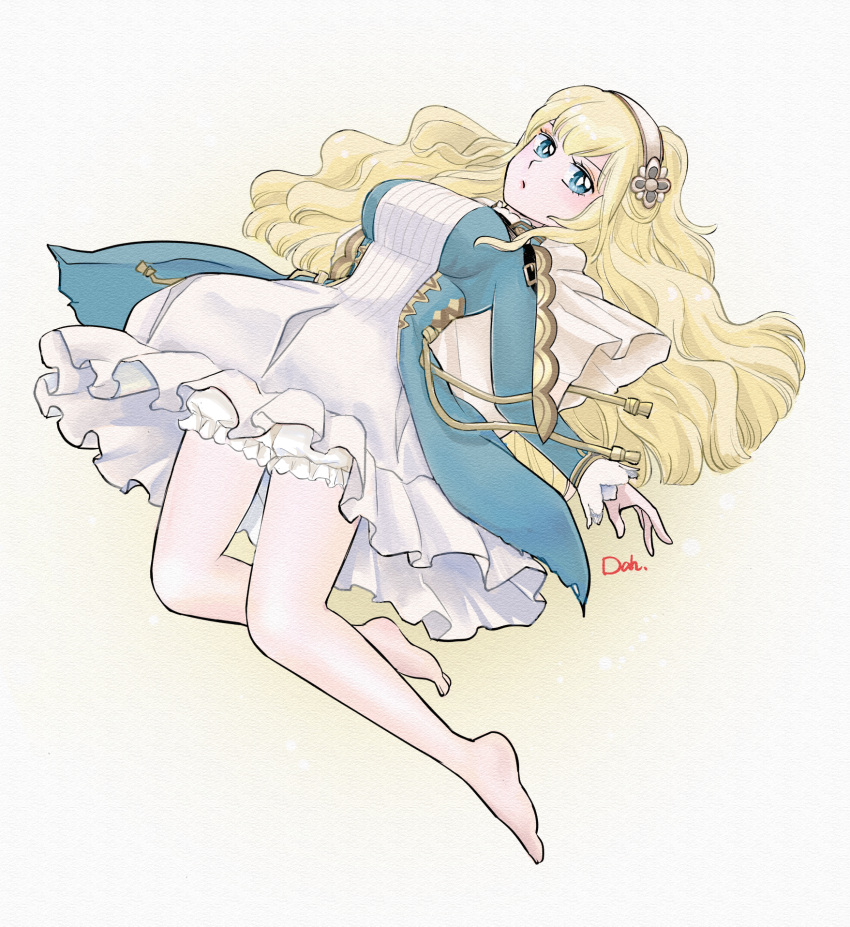 1girl, bare_legs, barefoot, blonde_hair, bloomers, blue_dress, blue_eyes, capelet