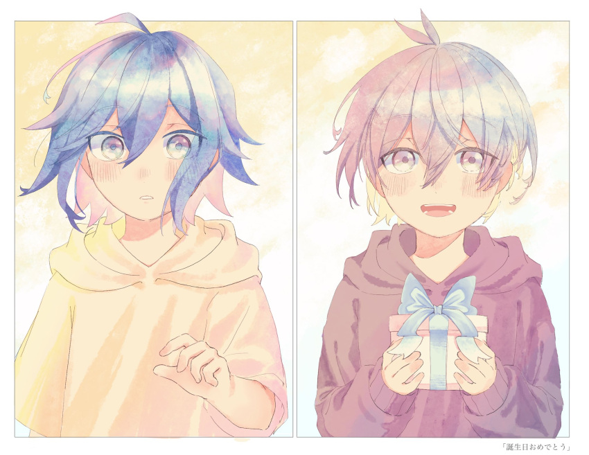 2boys, :d, aged_down, ahoge, aoyama_kazuki, birthday, blue_eyes, blue_hair