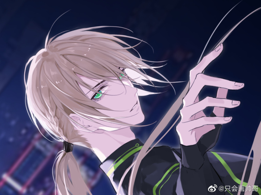 1boy, alkaid_mcgrath, alkaid_mcgrath_(deimortem_era), bei_gong_dale, black_bodysuit, blonde_hair, blurry, blurry_background