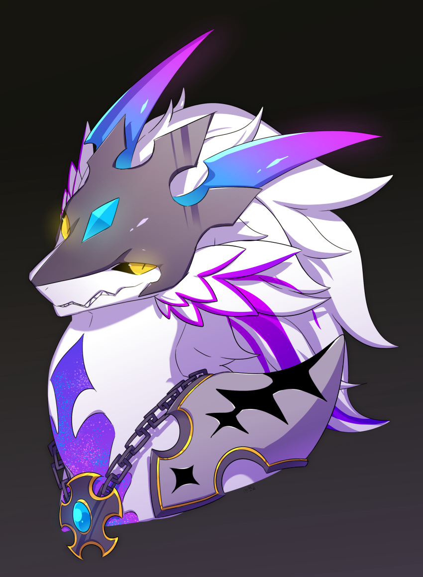 1other, absurdres, armor, black_background, black_sclera, chain, chain_necklace, colored_sclera