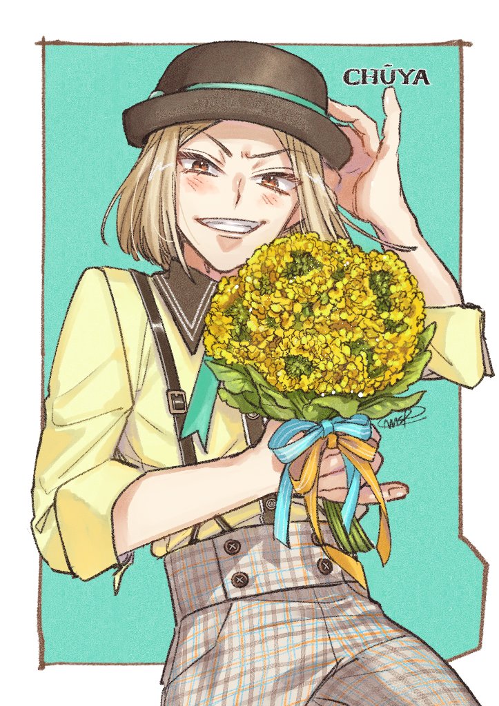 1boy, aqua_background, blonde_hair, bob_cut, border, bouquet, bowler_hat, brown_hat