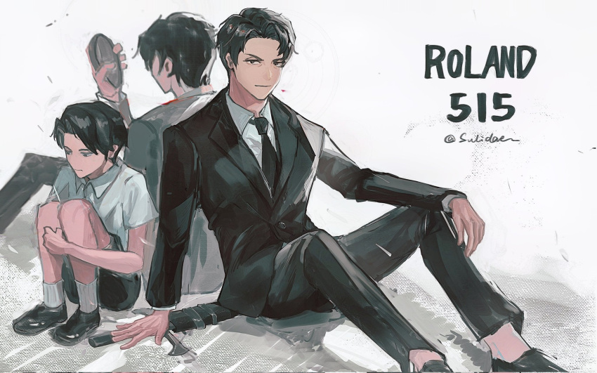 1boy, age_progression, aritinasy, birthday, black_hair, black_necktie, black_shorts, black_suit