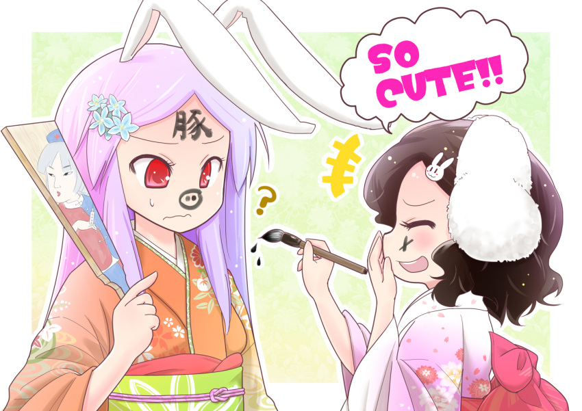 animal_ears, brush, bunny_ears, closed_eyes, eyes_closed, facepaint, flower, hagoita