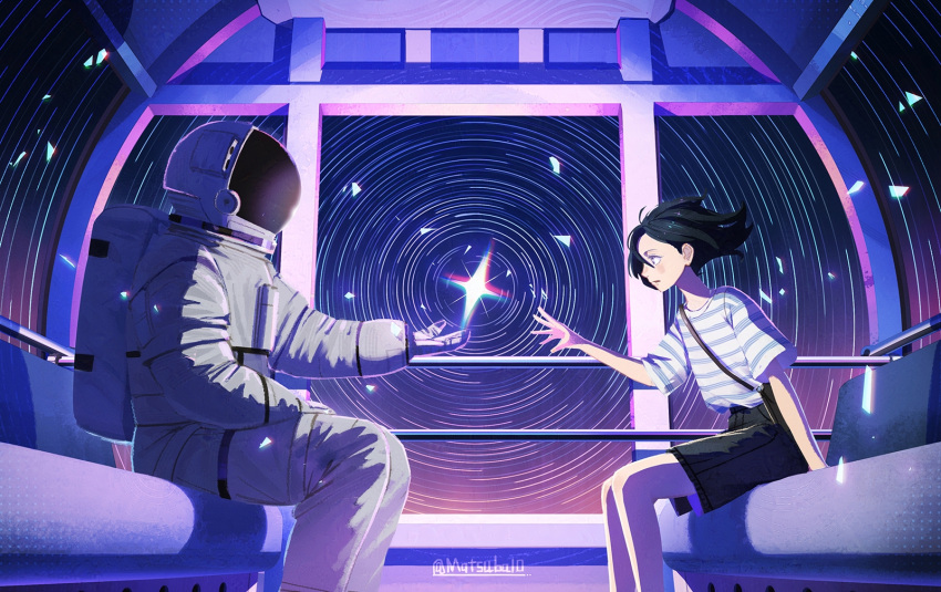 1girl, 1other, bag, black_shorts, commentary_request, ferris_wheel, from_side, gloves