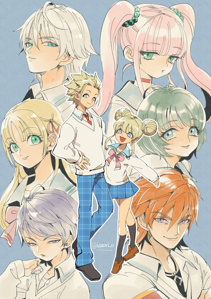 4boys, 4girls, :d, aizel_(dq10), aqua_eyes, asfeld_academy_school_uniform, black_shirt, black_socks, blonde_hair, blue_background, blue_hair, blunt_bangs, bob_cut, bow, choker, commentary_request, crowne_(dq10), double_bun, dragon_quest, dragon_quest_x, franju, green_hair, hair_bow, hair_bun, hand_on_own_hip, hero_(dq10), heroine_(dq10), jewelry, katori_(katokichi), lapis_(dq10), loafers, long_hair, looking_at_viewer, looking_to_the_side, miran_(dq10), multiple_boys, multiple_girls, necklace, necktie, official_alternate_design, open_mouth, orange_hair, pants, pink_bow, pink_hair, plaid_clothes, plaid_pants, plaid_skirt, red_choker, red_necktie, risoru_(dq10), school_uniform, shirt, shirt_under_shirt, shoes, short_hair, skirt, smile, socks, spiky_hair, sweater, twintails, twitter_username, violet_eyes, white_hair, white_shirt, white_sweater