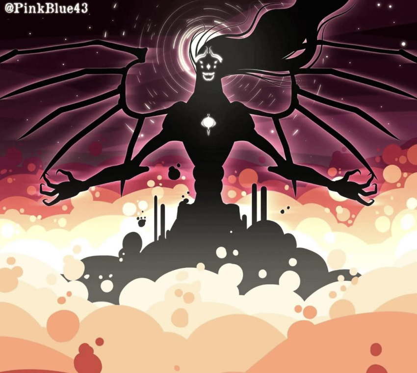1boy, @_(symbol), armor, arms_up, artist_name, bad_end, bad_link, black_hair, chest_jewel, claws, dark_persona, divine_entity, emperor_of_mankind, extra_eyes, fingernails, fire, gills, glowing, glowing_eyes, halo, hell, laurel_crown, laurels, long_hair, monster, pinkblue43, roaring, sharp_fingernails, solo, teeth, the_dark_king, warhammer_40k, wings, yellow_eyes, yellow_halo