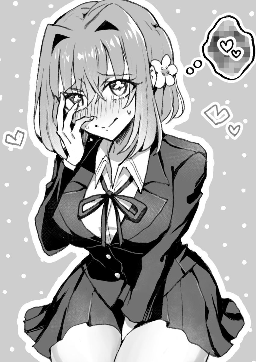 1girl, between_legs, black_jacket, black_skirt, blazer, blush, bob_cut, bow