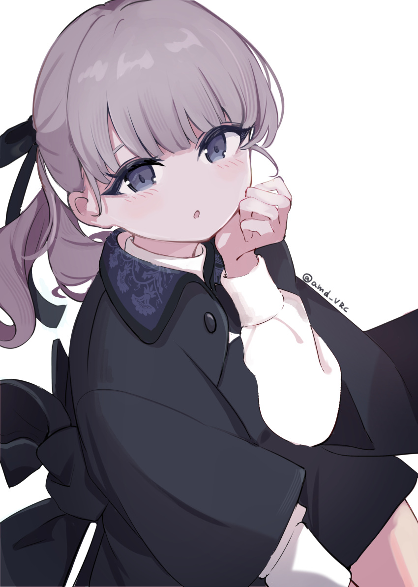1girl, :o, amd_vrc, black_bow, black_dress, black_jacket, black_skirt, blue_eyes, blush, bow, brown_hair, dress, eyebrows_hidden_by_hair, grey_eyes, grey_hair, hair_bow, hand_up, highres, jacket, lapwing_(vrchat), long_hair, long_sleeves, looking_at_viewer, parted_lips, ponytail, puffy_long_sleeves, puffy_sleeves, ringlets, shirt, simple_background, skirt, solo, twitter_username, vrchat, white_background, white_shirt