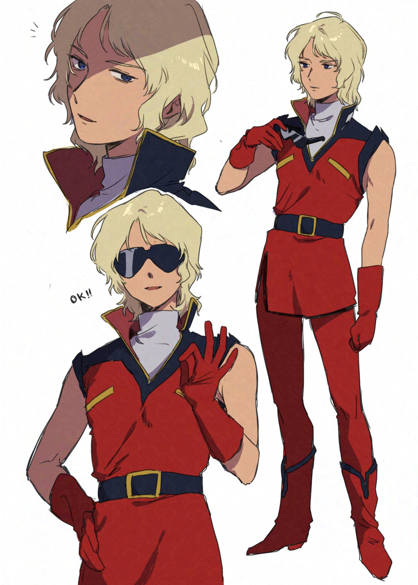 1boy, belt, blonde_hair, boots, char_aznable, commentary_request, gloves, gundam