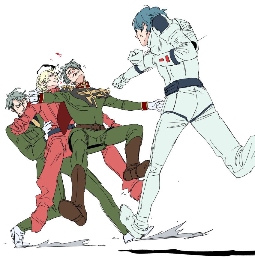 4boys, age_comparison, anger_vein, blonde_hair, blue_eyes, blue_hair, boots, boy_sandwich