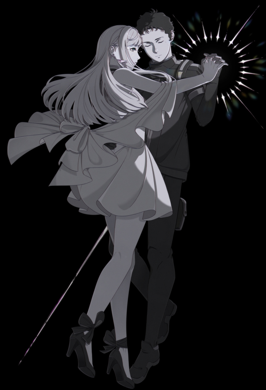 1boy, 1girl, black_background, blue_eyes, closed_eyes, crying, dancing, dress