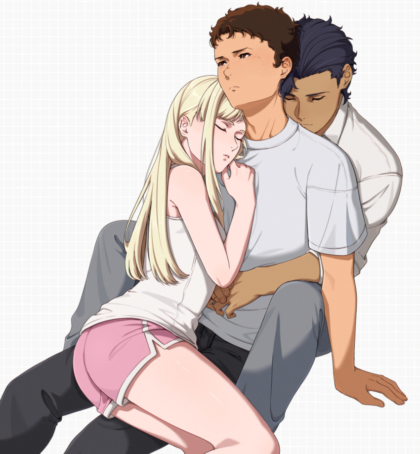 1girl, 2boys, between_legs, black_hair, blonde_hair, boy_and_girl_sandwich, brown_eyes, brown_hair