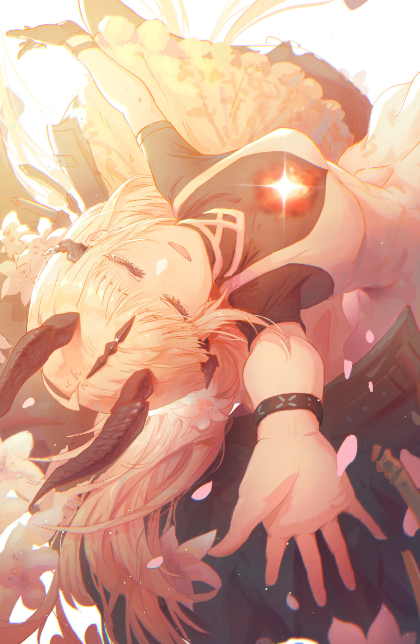 1girl, absurdres, ahoge, arknights, black_gloves, black_horns, black_shirt, blonde_hair