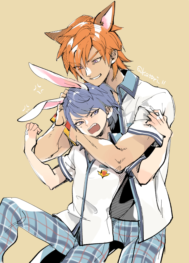 2boys, aizel_(dq10), anger_vein, animal_ears, annoyed, armband, asfeld_academy_school_uniform, black_shirt, blue_eyes, blue_hair, commentary_request, cowboy_shot, dark-skinned_male, dark_skin, dragon_quest, dragon_quest_x, fox_ears, grin, headlock, height_difference, katori_(katokichi), knee_up, looking_at_another, looking_back, looking_down, male_focus, multiple_boys, orange_hair, pants, plaid_clothes, plaid_pants, rabbit_ears, red_armband, risoru_(dq10), school_uniform, shirt, shirt_under_shirt, smile, twitter_username, violet_eyes, white_shirt, yellow_background