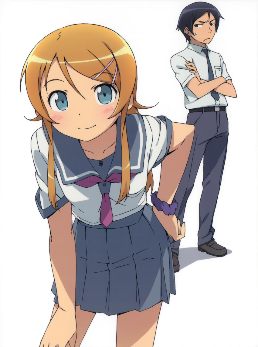 1boy, 1girl, absurdres, belt, black_belt, black_hair, black_shoes, blonde_hair
