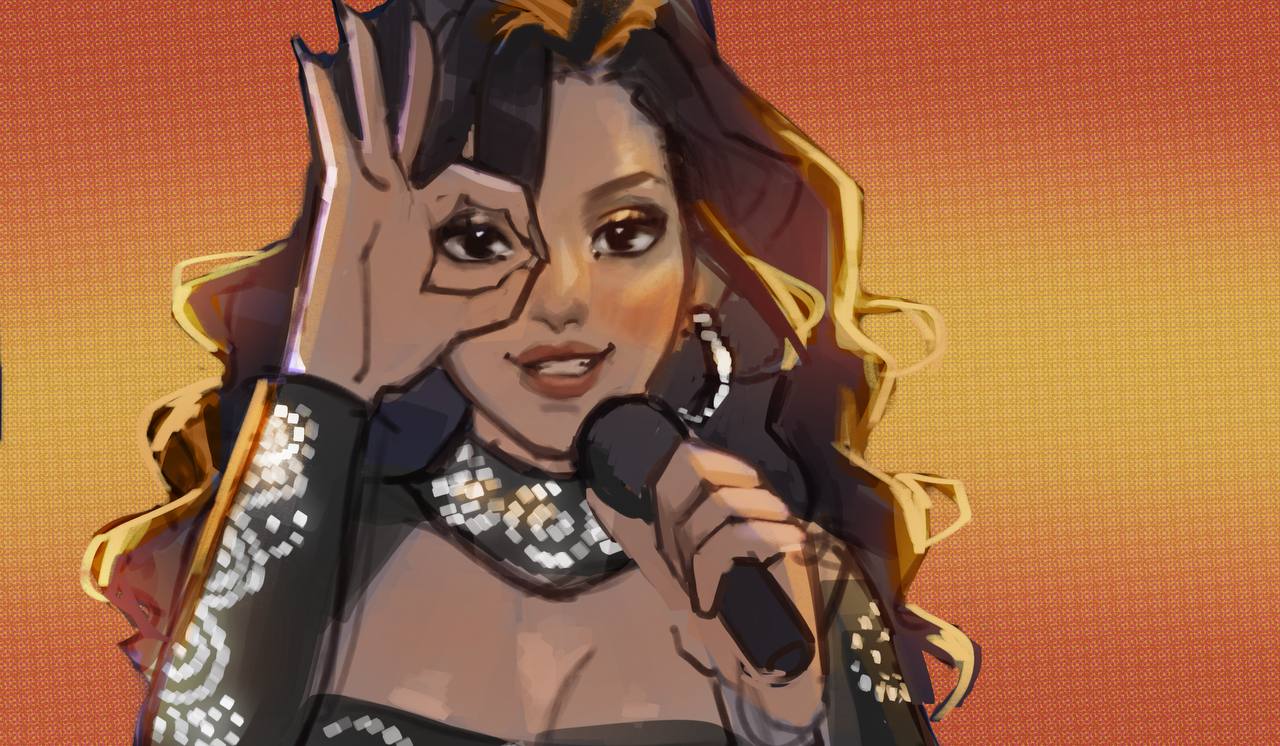 1girl, brown_hair, chanel_terrero_(singer), commentary_request, derivative_work, eurovision_song_contest, gradient_background, holding, holding_microphone, looking_at_viewer, microphone, nefery_san, ok_sign, orange_background, peeking_through_fingers, real_life, smile, spanish_commentary, upper_body, wavy_hair