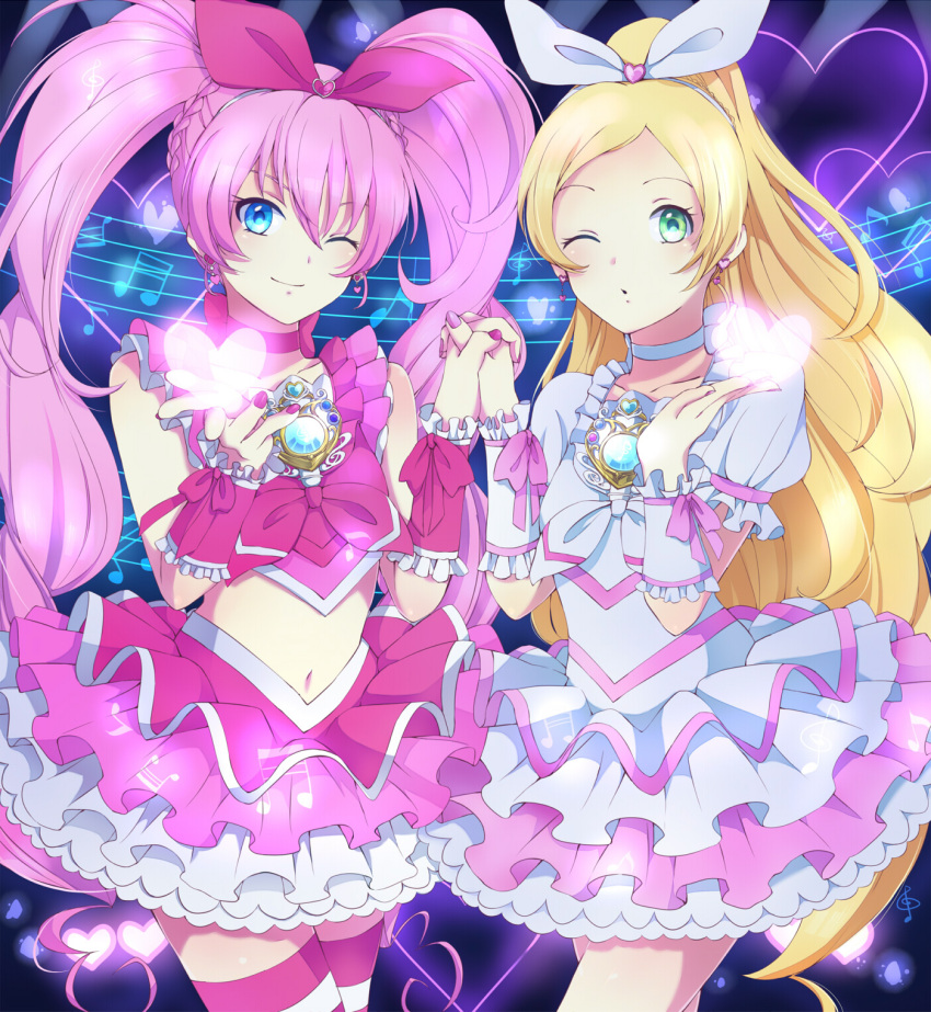 blonde_hair, blown_kiss, bow, brooch, cure_melody, cure_rhythm, dress, earrings