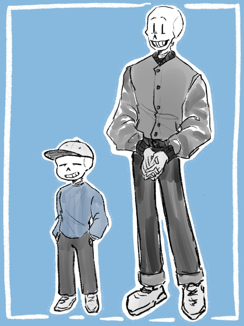 2025, 2boys, 2d, =_=, alternate_costume, baseball_cap, black_pants, blue_background