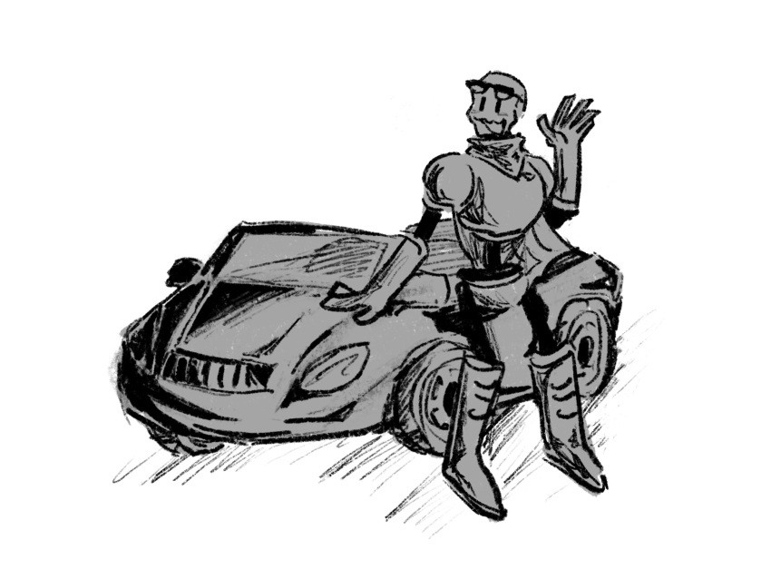 1boy, 2025, 2d, arm_support, arm_up, armor, boots, cape, car, digital_media, eyewear_on_head, gloves, greyscale, ground_vehicle, highres, humanoid, jilnuha, male, male_focus, male_only, monochrome, monster, monster_boy, motor_vehicle, open_mouth, papyrus_(undertale), shorts, simple_background, solo, sunglasses, teeth, undead, undertale, utdr_(toby_fox), vehicle, white_background