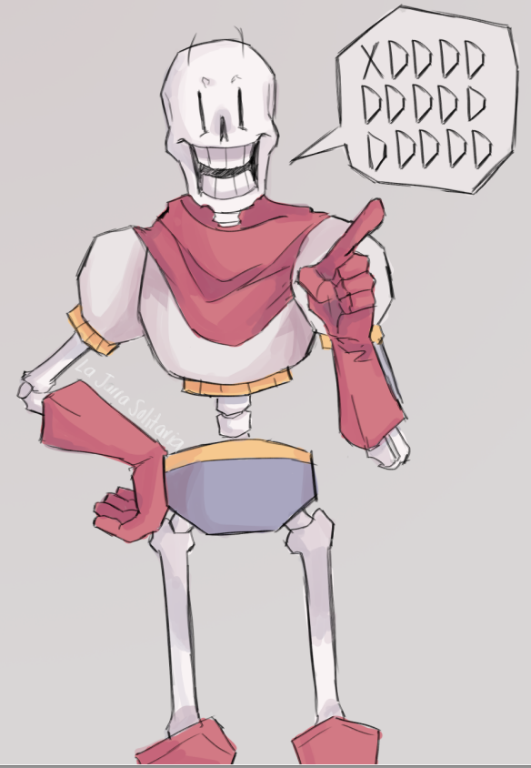 1boy, 2021, 2d, armor, artist_name, blue_shorts, boots, cape, cowboy_shot, digital_media, gloves, grey_background, hand_on_own_hip, hodrud, humanoid, index_finger_raised, male, male_focus, male_only, monster, monster_boy, open_mouth, papyrus_(undertale), red_boots, red_cape, red_gloves, shorts, simple_background, skeleton, solo, speech_bubble, straight-on, teeth, text, undead, undertale, utdr_(toby_fox), white_armor, |_|