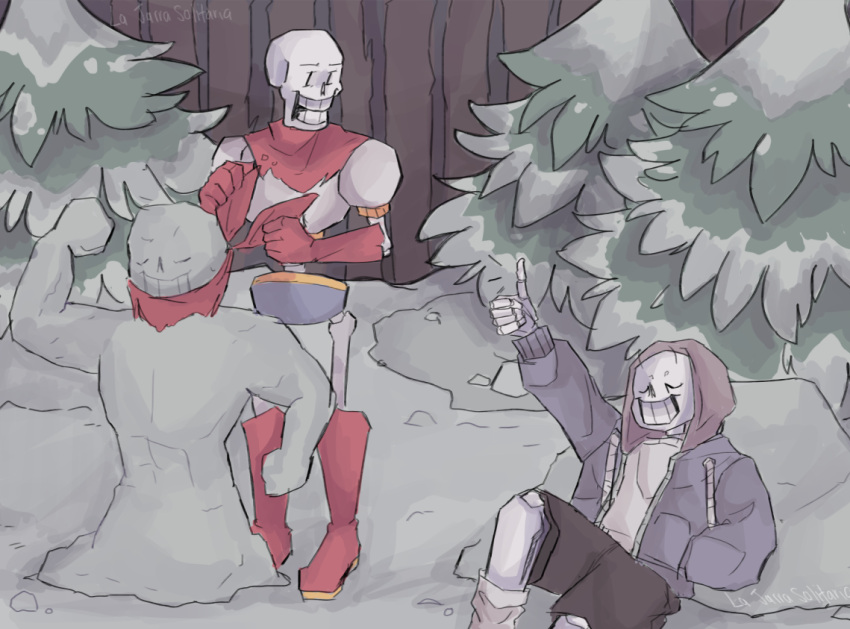 2021, 2boys, 2d, armor, artist_name, black_shorts, blue_jacket, blue_shorts, boots, brothers, cape, closed_eyes, digital_media, duo, full_body, gloves, hand_in_pocket, height_difference, hodrud, hood, hood_up, hooded_jacket, humanoid, jacket, looking_at_another, male, male_focus, male_only, monster, monster_boy, multiple_boys, open_clothes, open_jacket, outdoors, papyrus_(undertale), pink_slippers, red_boots, red_cape, red_gloves, red_scarf, sans_(undertale), scarf, scarf_tying, shirt, shorts, siblings, skeleton, slippers, snow, snowman, standing, teeth, thumbs_up, undead, undertale, utdr_(toby_fox), white_armor, white_shirt