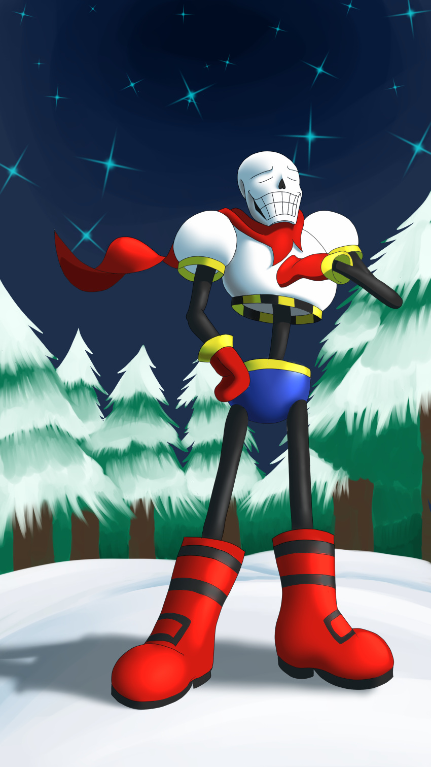 1boy, 2023, 2d, armor, blue_shorts, boots, cape, closed_eyes, coldfirefables, digital_media, full_body, gloves, hand_on_own_chest, hand_on_own_hip, highres, humanoid, male, male_focus, male_only, monster, monster_boy, outdoors, papyrus_(undertale), pine_tree, red_boots, red_cape, red_gloves, shadow, shorts, skeleton, snow, solo, standing, teeth, tree, undead, undertale, white_armor