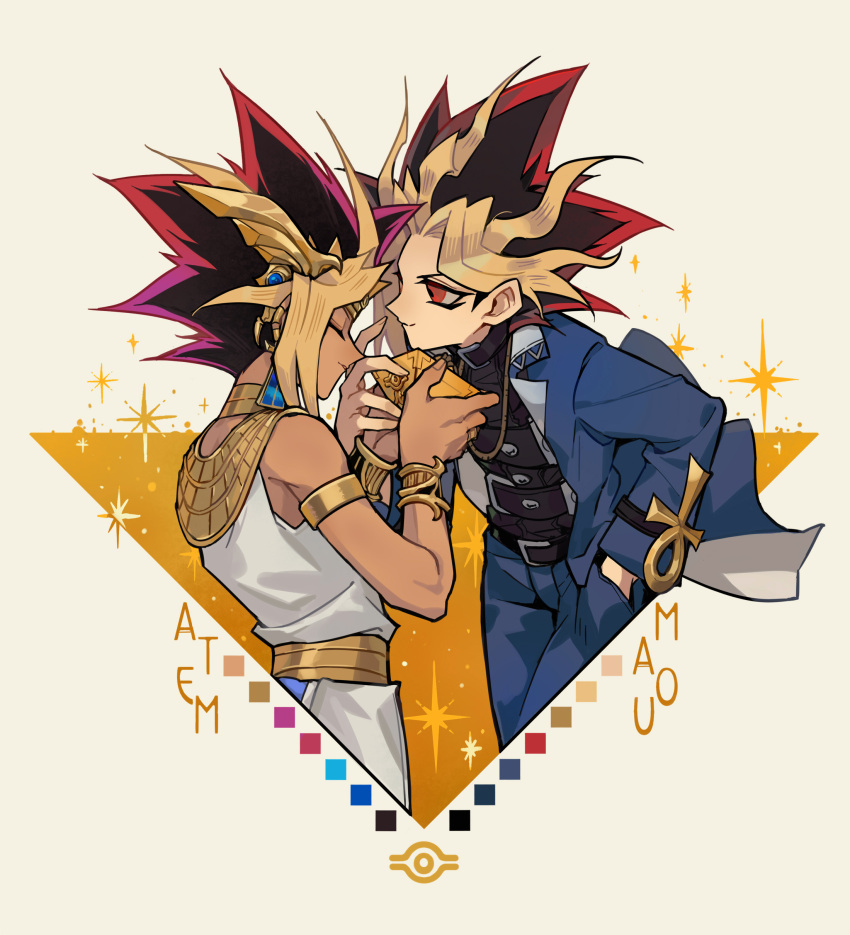 2boys, absurdres, ancient_egyptian_clothes, ankh, atem, belt, belt_buckle, black_belt, black_jacket, black_shirt, blonde_hair, blue_pants, bracelet, buckle, chinese_commentary, closed_mouth, commentary_request, cropped_legs, dark-skinned_male, dark_skin, dual_persona, grey_background, highres, holding, jacket, jewelry, looking_at_another, male_focus, millennium_puzzle, multicolored_hair, multiple_belts, multiple_boys, open_clothes, open_jacket, pants, red_eyes, red_hair, robe, saka_nagiya, shirt, smile, sparkle, spiky_hair, white_robe, yami_yugi, yu-gi-oh!, yu-gi-oh!_duel_monsters