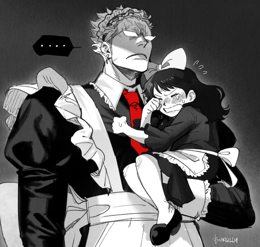 ..., 1boy, 1girl, aged_down, angry, apron, baby_5, black_dress, black_hair, blonde_hair, blush, bow, buksillee, carrying, carrying_person, crying, donquixote_doflamingo, dress, earrings, english_commentary, hair_bow, highres, jewelry, long_hair, maid_apron, maid_headdress, necktie, one_piece, partially_colored, red_necktie, short_hair, sunglasses, upper_body