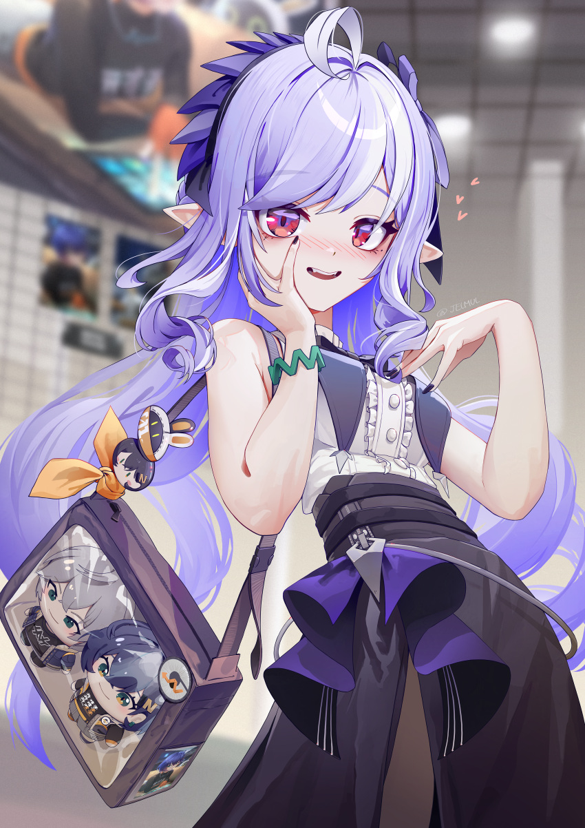 1girl, absurdres, bag, belle_(zenless_zone_zero), black_nails, black_pantyhose, black_skirt, blush