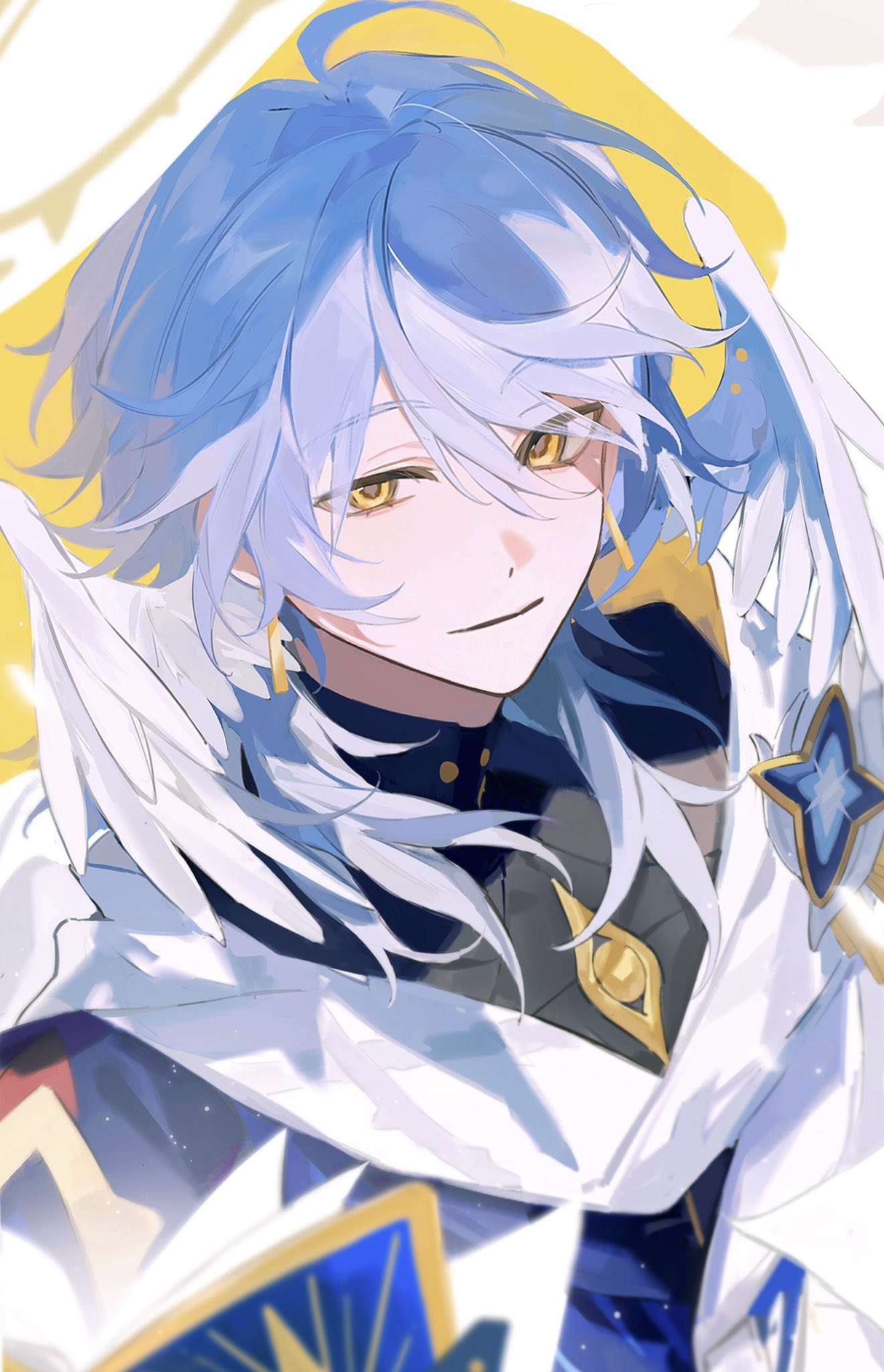 1boy, ahoge, black_shirt, blue_hair, blue_jacket, closed_mouth, earrings, feathered_wings, hair_between_eyes, halo, head_wings, highres, honkai:_star_rail, honkai_(series), jacket, jewelry, long_hair, looking_at_viewer, male_focus, nonoiaza, piercing, shirt, solo, sunday_(honkai:_star_rail), white_jacket, white_wings, wing_piercing, wings, yellow_background, yellow_eyes