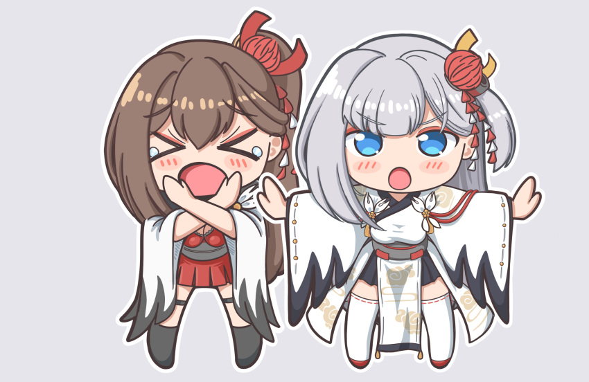 >_<, 2girls, azur_lane, blocking_way, blue_eyes, brown_hair, chibi, closed_eyes