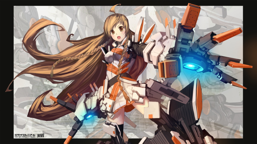 armor, braid, braids, brown_eyes, danny_choo_(website), dannychoo, highres, long_hair, mecha_musume, miniskirt, mirai, mirai_millennium, mirai_suenaga, orange_hair, power_armor, suenaga, suenaga_mirai, thighhighs, twin_braids, very_long_hair, windowboxed