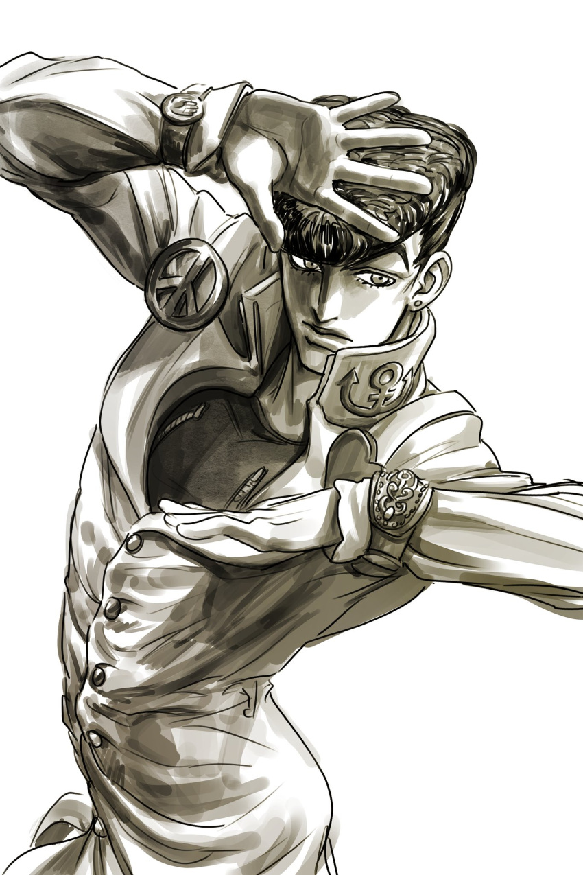 1boy, anchor_ornament, commentary, diamond_wa_kudakenai, earrings, gakuran, greyscale, higashikata_josuke
