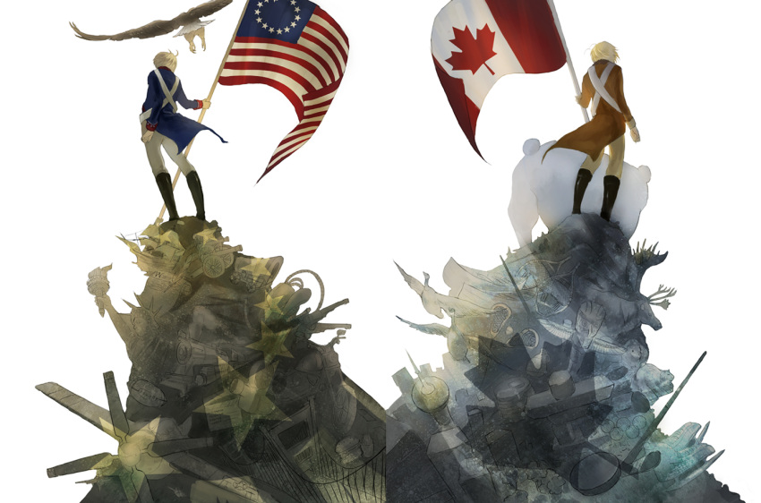 2boys, america, america_(hetalia), axis_powers_hetalia, bald_eagle, bear, bird, blonde_hair