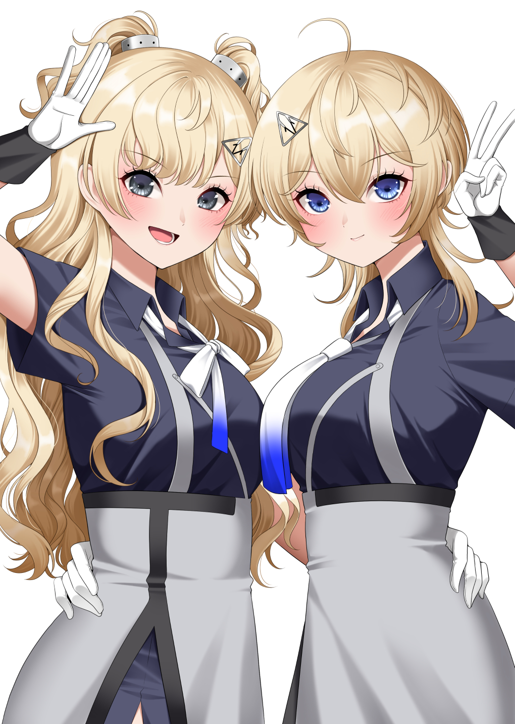2girls, apron, blonde_hair, blue_eyes, blue_neckerchief, blue_shirt, breasts, gloves
