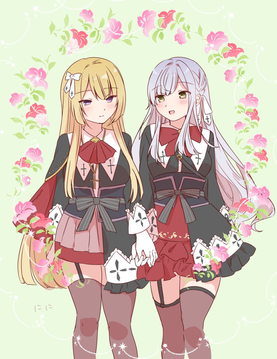 2girls, arms_at_sides, artist_name, ascot, assault_lily, asymmetrical_skirt, benini, black_bow, black_cape, black_jacket, black_skirt, blonde_hair, blush, bow, bowtie, breasts, brown_skirt, brown_thighhighs, cape, commentary, cross, cross_necklace, cross_print, feet_out_of_frame, floral_background, flower, frilled_skirt, frills, garter_straps, gloves, green_background, grey_hair, hair_bow, hair_ribbon, highres, holding_hands, jacket, jewelry, kon_kanaho, layered_skirt, long_hair, looking_at_another, looking_to_the_side, miyagawa_takane, multiple_girls, necklace, official_alternate_costume, parted_lips, pink_flower, print_ribbon, red_ascot, red_bow, red_bowtie, red_cape, red_skirt, ribbon, side-by-side, sideboob, skirt, smile, standing, thigh-highs, two-sided_cape, two-sided_fabric, two-tone_skirt, very_long_hair, violet_eyes, white_gloves, white_ribbon, yellow_eyes, yuri
