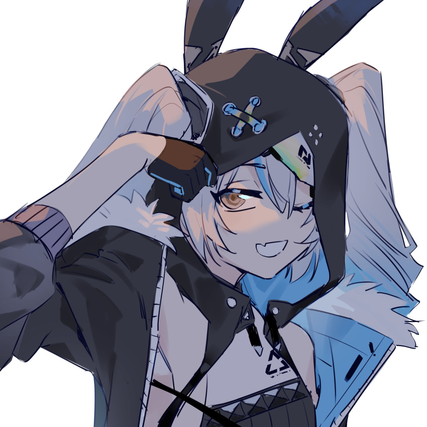 1girl, ;d, absurdres, animal_ear_hood, animal_ears, black_gloves, black_jacket, bronya_zaychik