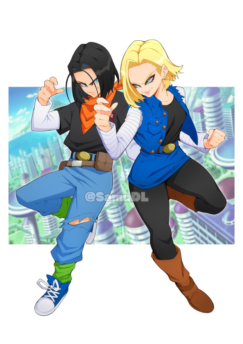 android_17, android_18, black_hair, black_pantyhose, black_shirt, blonde_hair, blue_hair, blue_pants, blue_shoes, blue_skirt, blurry, blurry_background, boots, border, brother_and_sister, brown_boots, denim, denim_jacket, denim_skirt, dragon_ball, dragon_ball_z, fighting_stance, full_body, highres, jacket, pants, pantyhose, samu_(samudl), shirt, shoes, short_hair, siblings, skirt, sleeveless, sleeveless_jacket, smirk, torn_clothes, torn_jacket, twins, white_border