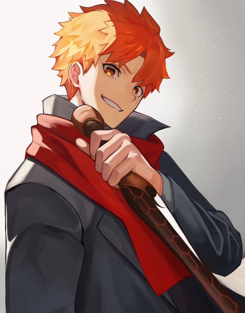 1boy, black_jacket, dagger, emiya_shirou, fate/stay_night, fate_(series), genshu_doki, grey_background, hair_between_eyes, hand_up, highres, holding, holding_dagger, holding_knife, holding_weapon, jacket, knife, long_sleeves, looking_at_viewer, neckerchief, open_mouth, orange_eyes, orange_hair, red_neckerchief, short_hair, simple_background, smile, solo, upper_body, weapon