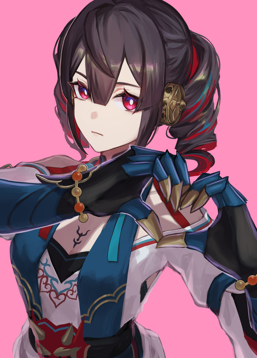1girl, absurdres, alternate_hair_length, alternate_hairstyle, bright_pupils, brown_hair, chest_tattoo, chinese_clothes