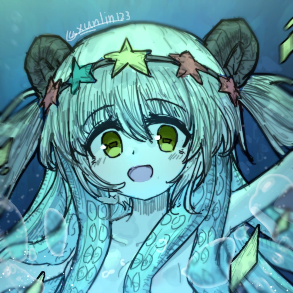 1girl, arm_up, black_horns, black_souls, black_souls_2, blue_background, bubble, color_filter