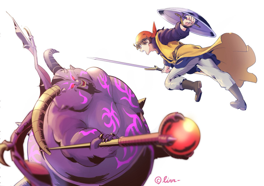 2boys, asymmetrical_dual_wielding, bandana, bat_wings, black_facial_hair, black_horns, blue_shirt, blurry