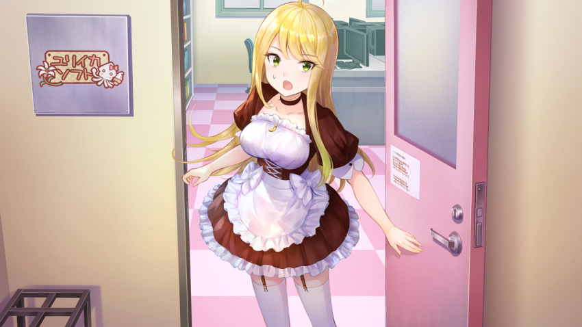 1girl, ahoge, apron, black_choker, black_dress, blonde_hair, breasts, choker, collarbone, cowboy_shot, dress, facing_viewer, frilled_apron, frilled_dress, frills, fuzichoco, game_cg, green_eyes, large_breasts, long_hair, looking_at_viewer, maid, monitor, non-web_source, office, official_art, open_door, open_mouth, short_dress, solo, standing, sweatdrop, swept_bangs, tachibana_nana, thigh-highs, underbust, waist_apron, white_apron, white_thighhighs, yumeutsutsu_re:master